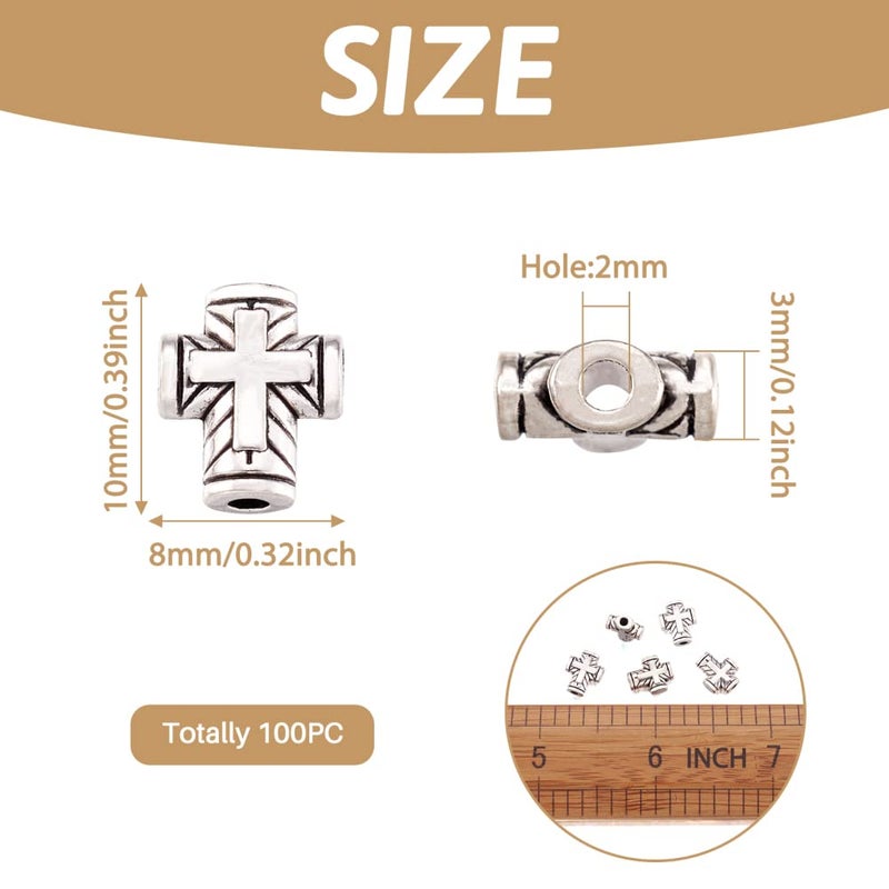 Craftdady 100Pcs Antique Silver Tiny Cross Spacer Beads 10x8mm Tibetan Metal Crucifix Cross Holy Charm Beads for Jewelry Maing Hole: 2mm - Image 2